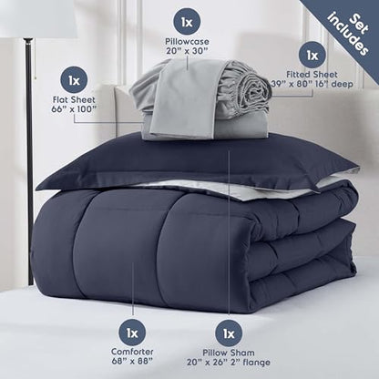 Nestl 5 Piece Twin XL Comforter Set – Navy Reversible Bed in a Bag – Complete Twin XL Size Bedding Set with Sheets, Pillowcase and Sham - color: Navy, size: Twin XL