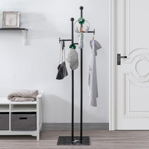 Metal Standing Coat Rack for Entryway Bedroom Living Room (Black) | Easy Assembly, Compact Footprint, Space Saver, Metal Frame, Marble Base, Sturdy, 8 Spherical Hooks, Office, Corner - color: A Black