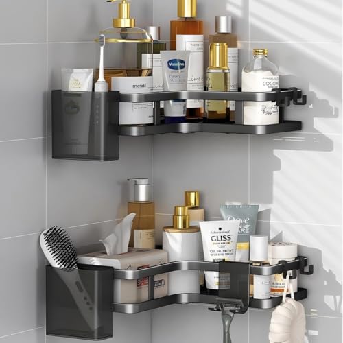 Corner Shower Caddy, Black Stainless Steel, No-Drill Wall Mount Storage Rack, 2 Pack, Wave Design, 9.8 Inch, Rust Resistant, Bathroom Organizer with Hooks