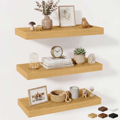 Fun Memories 24 x 10 Floating Shelves Wall-Mounted - Rustic Wood Shelf - 10 Inch Deep Floating Shelves for Wall - Large Storage Shelf for Bathroom - Kitchen & Bedroom - Oak - Set of 3 - color: Natural Oak, size: 24W x 10D x 1.5H