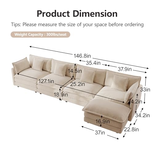 Modular Sectional Sofa, 146.5 Inch L Shaped Couch Set for Living Room, 4-Seater Comfy Cloud Couches with Movable Ottoman, DIY Combination, Chenille, Light Coffee - color: Light Coffee, size: 146.5 Inch- L