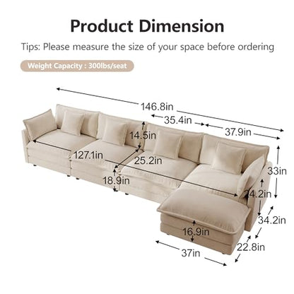 Modular Sectional Sofa, 146.5 Inch L Shaped Couch Set for Living Room, 4-Seater Comfy Cloud Couches with Movable Ottoman, DIY Combination, Chenille, Light Coffee - color: Light Coffee, size: 146.5 Inch- L