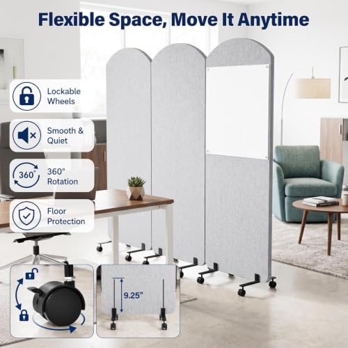 3-Panel Office wall Divider W/Wheels, 72 x 66 in Portable Partition wall | Office Dividers for Sound Proofing & Reducing, Freestandings Privacy Cubicle Temporary Wall with Whiteboards, pen, thumbtacks - color: Light Gray