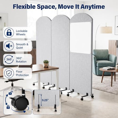 3-Panel Office wall Divider W/Wheels, 72 x 66 in Portable Partition wall | Office Dividers for Sound Proofing & Reducing, Freestandings Privacy Cubicle Temporary Wall with Whiteboards, pen, thumbtacks - color: Light Gray