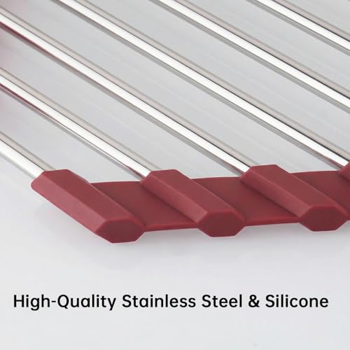 Tomorotec Triangle Roll Up Dish Drying Rack 304 Stainless Steel Wine Red | BPA-Free Food-Grade Silicone Edges Foldable Waterproof Rustproof Heavy-Duty Space Saver Heat Resistant to 550°F - color: Wine Red