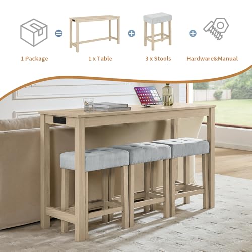 59" Dining Bar Table Set with Power Outlet, Behind Couch Sofa Table with 3 Padded Stools, 4 Piece Bar Table and Chairs Set for Living Room, Dining Room, Oak - color: R3-oak