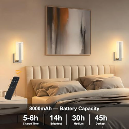 KARTOOSH Battery Operated Modern Wall Sconce Set of Two, Nickel | Rechargeable Wireless Wall Light with Remote Control, Dimmable 3 CCT, Timer, Night Mode, for Hallway, Bedroom, Living Room - color: Nickel