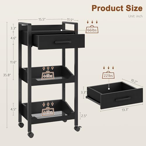 Hoctieon 3-Tier Rolling Storage Cart with Drawer, Rolling Utility Cart Organizer, Mobile Shelving Unit with Wheels, Metal Frame, Kitchen Utility Cart for Small Space, Office, Bathroom, Black - color: Black