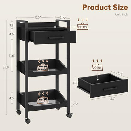 Hoctieon 3-Tier Rolling Storage Cart with Drawer, Rolling Utility Cart Organizer, Mobile Shelving Unit with Wheels, Metal Frame, Kitchen Utility Cart for Small Space, Office, Bathroom, Black - color: Black