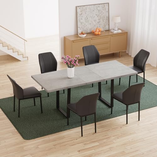 Mid-Century Extendable Dining Table Set, 63"-79", 6 Upholstered Chairs - color: Table + 6 Black Chairs, size: 63"-79"