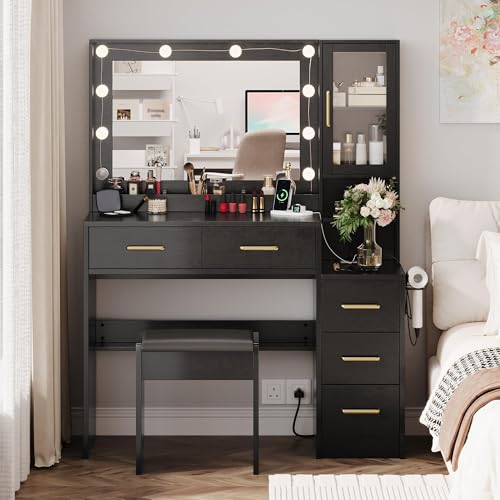 TOKSOM Makeup Vanity with Lights & Charging Station, Black Vanity Table with 5 Drawers & Open Storage Shelves, Bedroom Makeup Dressing Table Set for Women Girls Golden Handles - size: 35.4 inch, style: Modern Black