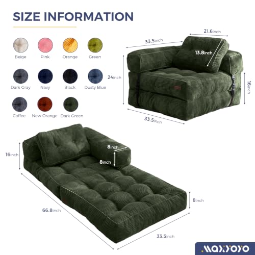 MAXYOYO Folding Sofa Bed, Convertible Chair Bed with Pillow | L-Shaped Floor Sofa with Armrest and Pillow, Foldable Portable Fold Out Comfy Chair Bed for Living Room Bedroom, Dark Green - color: Dark Green