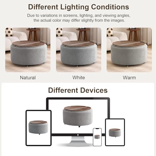 29.5" Round Storage Ottoman Coffee Table, Dual Reversible Lids, Grey | Round Ottoman Coffee Table, Swivel Casters, Hidden Storage, Dual Lift-Off Lids, Teddy Fabric, Living Room, Bedroom - color: Grey
