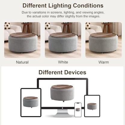 29.5" Round Storage Ottoman Coffee Table, Dual Reversible Lids, Grey | Round Ottoman Coffee Table, Swivel Casters, Hidden Storage, Dual Lift-Off Lids, Teddy Fabric, Living Room, Bedroom - color: Grey