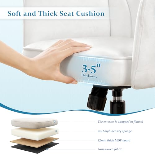 DurayLoly Vanity Chair with Wheels & White — Adjustable Height Makeup Chair, Plush Velvet Seat with Curved Backrest for Women, Girls, Bedroom Vanity & Desk, White - color: White