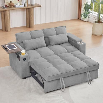 65" 3-in-1 Sofa Bed, Pull Out Sleeper Sofa with 360° Swivel Side Table, Storage Armrests, Cup Holders & USB Charging Ports, Chenille Convertible Couch for Living Room - color: 1107-light Gray-