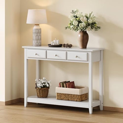 Yaheetech 42 Inch Narrow White Sofa Console Table with 3 Drawers and Shelf | White Entry Table for Living Room, Hallway and Entryway, Painted MDF, 13.5-Inch Slim Depth, 55 lb Top, Drawers Hide Clutter - color: White