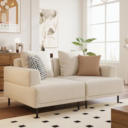 Upholstered Fabric 2-Seater Sofa Couch with Low Back, Beige | 66.1" Mid-Century Modern Loveseat with Wide Armrest, Metal Legs & Breathable Cushion, Suitable for Living Room, Bedroom - size: 66.1inch-2Seats