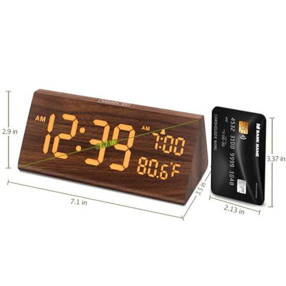DreamSky Wooden Digital Alarm Clock for Bedroom with USB Port | 7.7" Electric Clocks with Large Numbers, Temperature, 0-100% Brightness Dimmer, Adjustable Alarm Volume, Snooze, 12/24H - color: Amber