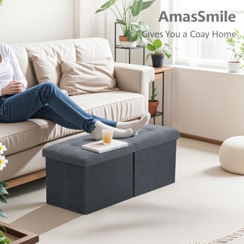 AmasSmile Footrest Ottoman Storage Bench,34" Linen Folding Chest,Gray | Large Ottoman with Storage,Thicker Foam Padded Seat,Livingroom,Dorm,Bedroom,Entryway,Easy to install,34 x 13 x 13in - color: Grey-linen