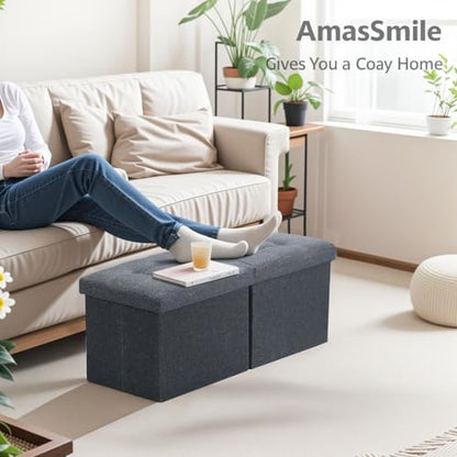 AmasSmile Footrest Ottoman Storage Bench,34" Linen Folding Chest,Gray | Large Ottoman with Storage,Thicker Foam Padded Seat,Livingroom,Dorm,Bedroom,Entryway,Easy to install,34 x 13 x 13in - color: Grey-linen