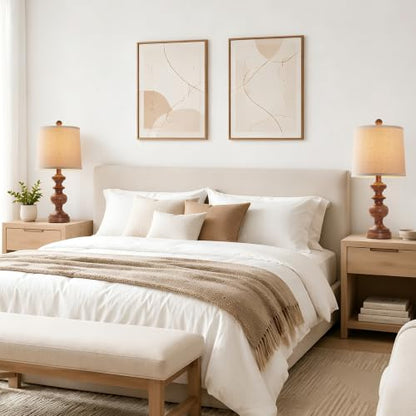 Farmhouse Table Lamp Set of 2, Rustic Table Lamps for Living Room Bedroom, 22" Mid Century Modern Desk Lamp Bedside Nightstand Lamps with Linen Tapered Drum Shades, Wood Grain - color: Wood Grain