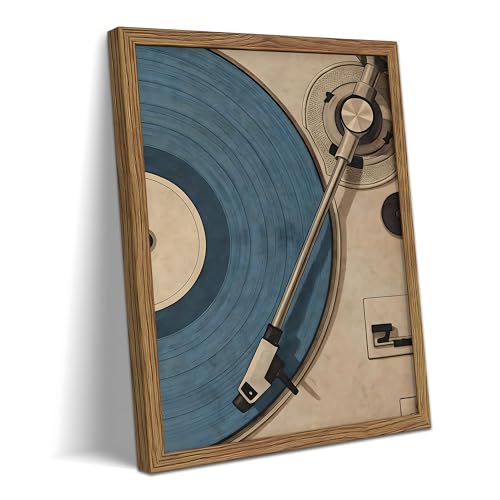 REZFGU Vintage Record Player Wall Art Canvas Framed Poster Painting Print Picture, Retro Vinyl Turntable Artwork, Music Lover Aesthetic Decor for Living Room Bedroom Studio Home Decoration 12x16 Inch - color: A-Blue Records, size: 16"L x 12"W