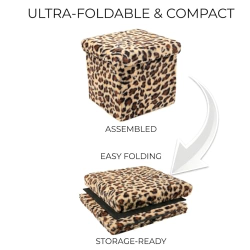 Luxe Faux Fur Storage Ottoman, Leopard, 15 x 15 x 15 in | Engineered Wood, Tool-Free Assembly, Modern Style, Seat And Footrest - color: Leopard, size: 15"D x 15"W x 15"H