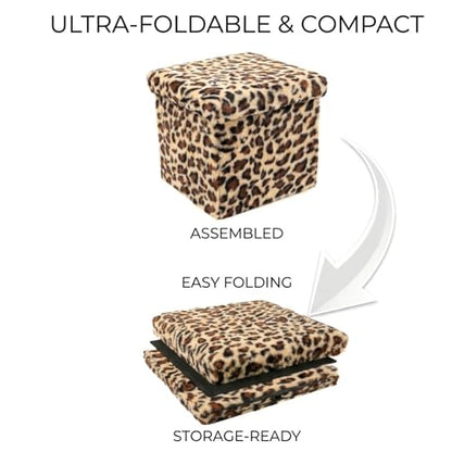 Luxe Faux Fur Storage Ottoman, Leopard, 15 x 15 x 15 in | Engineered Wood, Tool-Free Assembly, Modern Style, Seat And Footrest - color: Leopard, size: 15"D x 15"W x 15"H