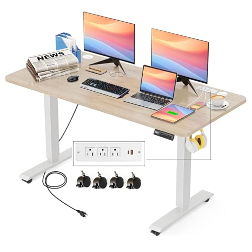 Electric Standing Desk Adjustable Height, 55'' x 24'' Stand up Desk with Outlets and 2 USB Ports,4 Caster, 27''-46'' Lifting Range, Spacious Computer Workstation for Home Office(Oak) - color: Gery, size: 55 x 24''