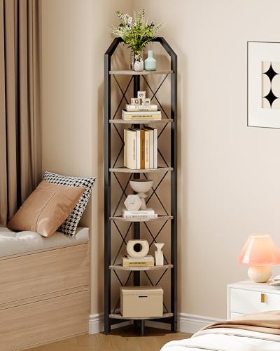6-Tier Corner Shelf, Industrial Corner Bookshelf, 71.2" Corner Storage Stand, Plant Stand Display Shelf, Corner Bookcase for Bedroom, Living Room, Home Office, Greige and Black TCJ11BG - color: Greige and Black, size: 6-Tier