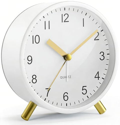 Back to School Silent Analog Quartz Alarm Clock for Kids Bedroom,Night Light, Battery Operated, Fashionable Round Metal - color: White