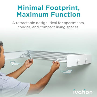 Ivation Retractable Wall Mounted Clothes Drying Rack, 40" Foldable Laundry Drying Rack for Clothing | Collapsible Space-Saving Design & 5 Rods | Easy Installation with Hardware & Wall Template (White) - size: 40 Inch