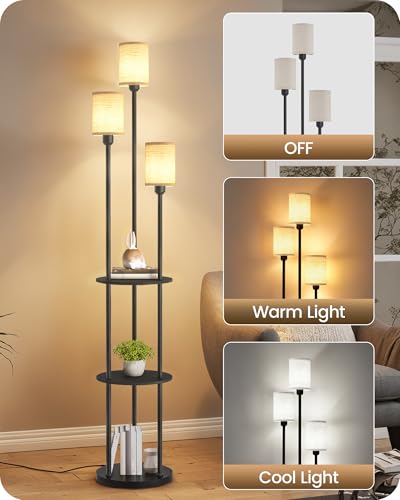 Floor Lamp with Shelves, Modern Floor Lamp with 3 Linen Shades and Foot Switch, 3-Light Standing Lamp, for Living Room, Bedroom, Study, Office, Black and Beige E53LD05 - color: Black + Beige