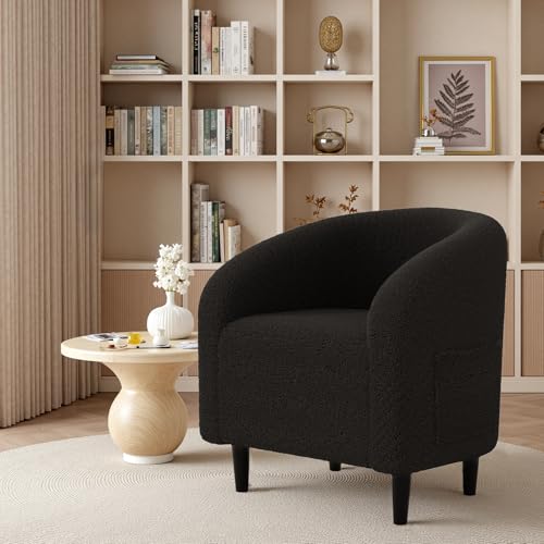 TLSUNNY Accent Chair, Upholstered Comfy Teddy Fabric Barrel Chair | Modern Furry Barrel Chair with a Side Pocket, Club Armchair for Living Room/Bedroom/Reception Room - color: Black