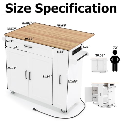 Kitchen Island with Storage, Island Table for Kitchen with Drop Leaf Countertop, Kitchen Cart with Wheels, Storage Rack, a Drawer, Spicy Rack and Towel Bar, Sufficient Countertop Space, White