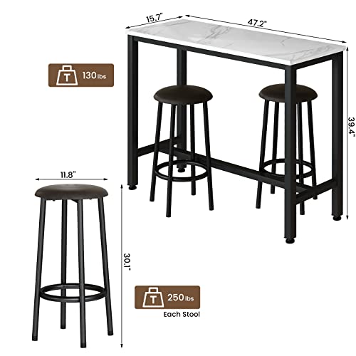 AWQM 47.2" Bar Table Set of 2,Faux Marble Pub Height Table and Chairs Set of 2 with Upholstered Stools,3 Piece Bar Table and Chairs Set Dining Table Set for Living Room,Kitchen,Bar,White & Brown - style: Modern 47.2"