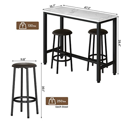 AWQM 47.2" Bar Table Set of 2,Faux Marble Pub Height Table and Chairs Set of 2 with Upholstered Stools,3 Piece Bar Table and Chairs Set Dining Table Set for Living Room,Kitchen,Bar,White & Brown - style: Modern 47.2"