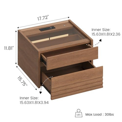 Floating Nightstand Set of 2with Charging Station and LED, Brown | Wall Mounted with Touch Control Light, Fluted Glass Drawer, Bedside Table for Small Spaces, Easy Assembly