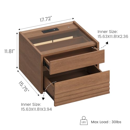 Floating Nightstand Set of 2with Charging Station and LED, Brown | Wall Mounted with Touch Control Light, Fluted Glass Drawer, Bedside Table for Small Spaces, Easy Assembly