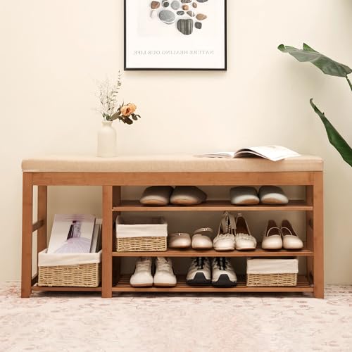 PETKABOO Shoe Rack Bench with Cushion 39.4“, Shoe Rack for Front Door Entrance, Shoe Bench with Storage for Entryway Hallway Bedroom Living Room - color: Brown, style: 39 in