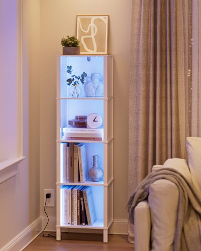 Bookshelf with LED Lights, Modern 4-Tier Bookcase, Open Storage Book Shelf, 11 × 14.2 × 50.4 Inches, Small Narrow Bookshelves for Living Room, Home Office, Bedroom, White - color: White