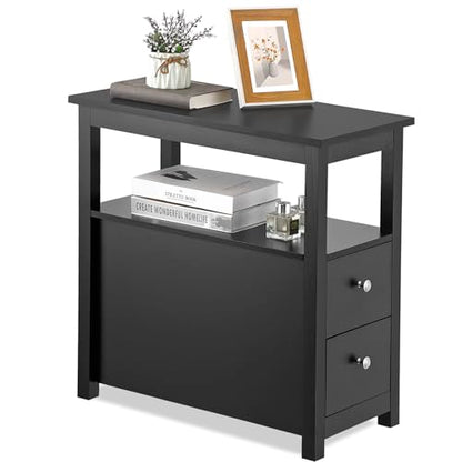 ZENY Narrow End Table Side Table with Drawer and Open Shelf Sofa Table for Living Room Bedroom, Bedside, Couch - color: Black