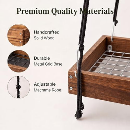 Novabright Hanging Window Plant Shelf, 16 Inch Wooden Macrame Style Shelf with Metal Grid Frame, Adjustable Cotton Rope Indoor Holder for Window, Wall or Ceiling, 50 lb Capacity