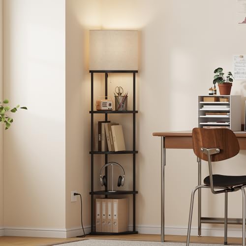 Qupui Floor Lamp with Shelves, 61.5" 5-Tier, 3-Color LED, Black | Fabric Shade With Soft Cozy Light. 3 Color Temperatures 12W LED. 5 Tiers, 22 Lbs Each. Durable Composite Panels, Metal Frame - color: 5-Tier Black