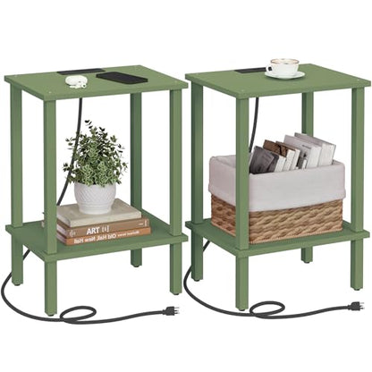 TUTOTAK End Table with Charging Station, Side Table Set of 2, Nightstand | 2-Tier Storage Shelf, Bedside Table with USB Ports, Sofa Table for Small Space, Livingroom, Bedroom Olive Green TB01BOG041 - color: Olive Green