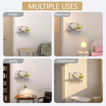 Wall Key Holder for Wall with 5 Hooks, Clear Acrylic Sunflower Design for Mail and Coats, Multi-Purpose Wall Mounted Organizer Shelf, Home Room Wall Decor, Easy to Install