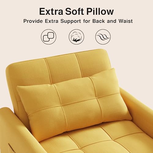 Convertible Sleeper Chair Sofa Bed, Adjustable Backrest, Yellow | 3 in 1 Chair Bed, Adjustable Backrest, Storage Pocket, Compact Fit for Living Rooms, Apartments, Guest rooms - color: Yellow