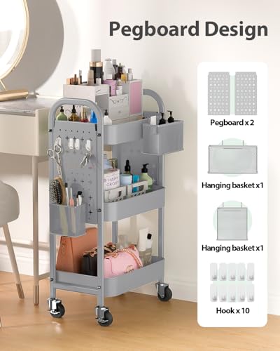 ALVOROG 3 Tier Rolling Cart with DIY Pegboards Metal Utility Cart with Wheels Handles Baskets Hooks, Craft Cart for Office Kitchen Bathroom(Light Gray) - color: Light Gray