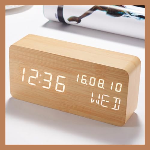 Wood Digital Alarm Clock Desk Time, Date(MM/DD/YY), Day of The Week, Temperature, Nightlight Large LED Display Portable Lamp Bedroom, Office, School, Home, Livingroom, Room (Bamboo) - color: Bamboo